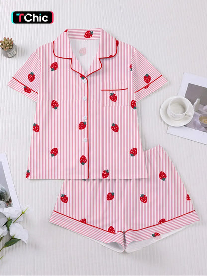 Women'S Casual Fitted Sleepwear Set, Womenswear, Short Sleeve Open Front Top & Elastic Shorts, All-Season Homewear, Loungewear, Fun Strawberry Print, Pajama Pjs