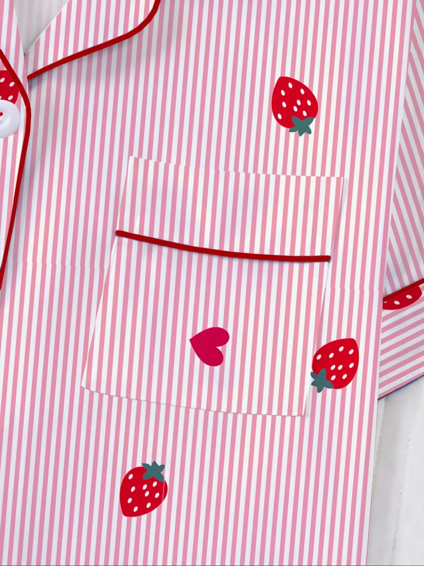Women'S Casual Fitted Sleepwear Set, Womenswear, Short Sleeve Open Front Top & Elastic Shorts, All-Season Homewear, Loungewear, Fun Strawberry Print, Pajama Pjs