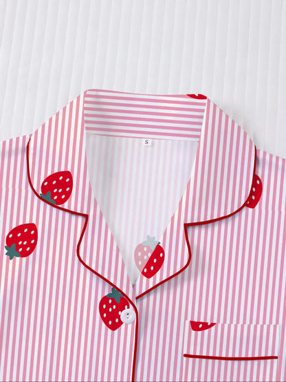 Women'S Casual Fitted Sleepwear Set, Womenswear, Short Sleeve Open Front Top & Elastic Shorts, All-Season Homewear, Loungewear, Fun Strawberry Print, Pajama Pjs