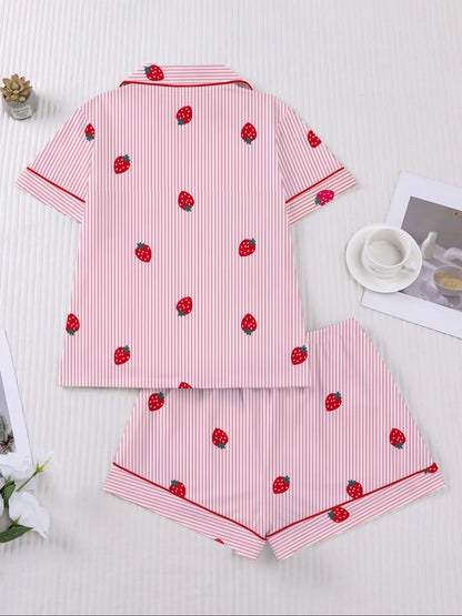 Women'S Casual Fitted Sleepwear Set, Womenswear, Short Sleeve Open Front Top & Elastic Shorts, All-Season Homewear, Loungewear, Fun Strawberry Print, Pajama Pjs